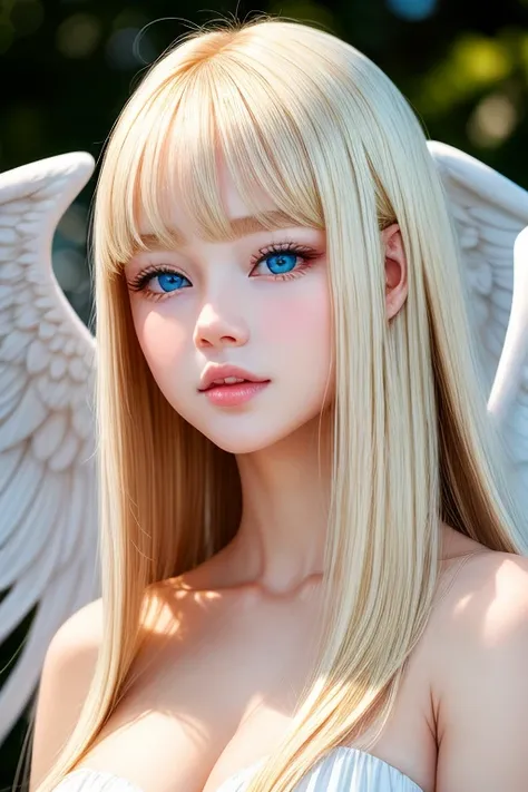 Beautiful, white and radiant skin、3 Up、Unparalleled beauty、Bright, refreshing and gentle expression、Perfect beautiful face、Long, straight, silky baby blonde hair、Beautiful shiny bangs、Very beautiful girl、Eyeliner、Very perfect and beautiful big sky blue eye...