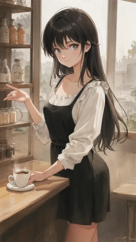 retro artstyle, watercolor, beautiful, masterpiece, best quality, detailed face, perfect lighting,
 1girl, solo,cute ,Mature ,beautiful woman , smile,(closed mouth:1.1) , long black hair, messy bangs, at the coffee shop,