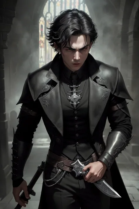 A medium-height 1 boy with a youthful face and a serious demeanor, featuring short, straight black hair and bangs. He is dressed in dark, vampire hunter-inspired clothing, with extremely green eyes, and holding a massive silver sword. The background is the...