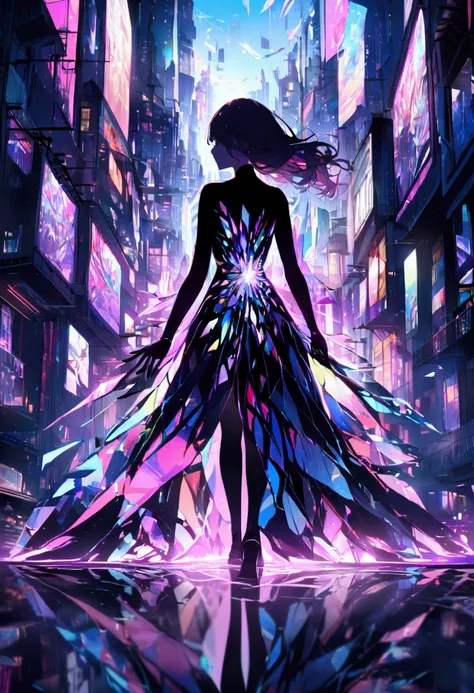 A woman walking through a neon-lit city, her silhouette fragmented into shards of reflective glass. Each shard catches the light differently, creating a kaleidoscope of colors as she moves. The city behind her is a distorted reflection in these shards, wit...