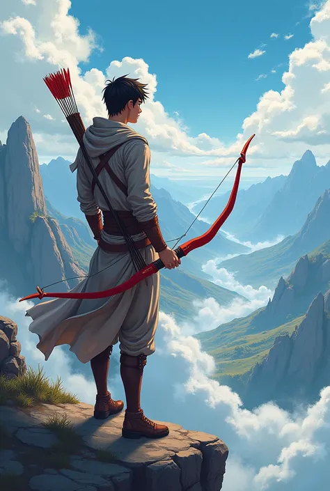 Male archer, anime style, red arch looking to and epic landscape from the back