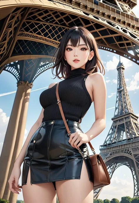 (8k, RAW Photo Realistic: 1.25), woman takes a model photo underneath an Eiffel Tower-style tower, Detailed Tower Images, Five acrobatic contrails across the sky, From below:1.3, Black Hair, Semi-long, stylish, Tight knit sweater, Cut Chest, Shoulder bags,...