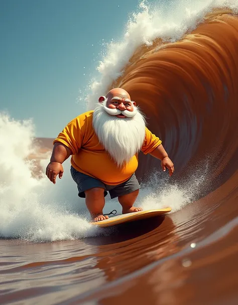 Create a chubby, bald, brown-skinned surfer with a long white beard surfing a chocolate wave