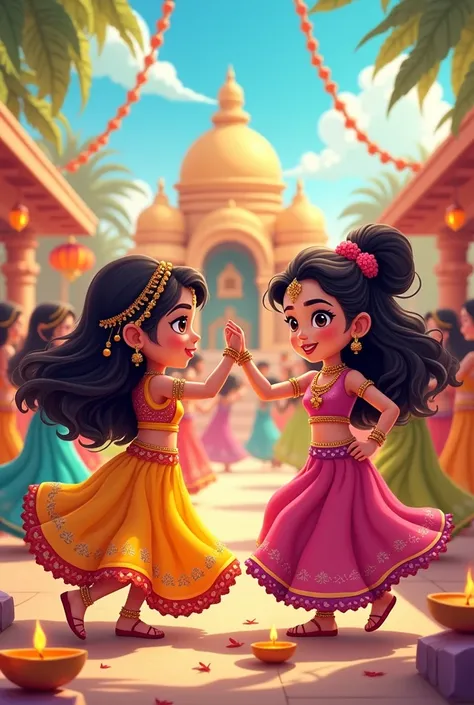 Imagine Cute cartoon girls dancing Garba in beautiful dresses colourful dresses chaniya choli and Navratri special photo in Mata Rani photo with