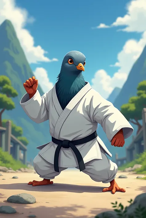 Karate fighting pigeon in karate outfit in anime