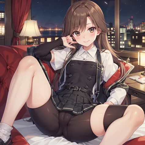 Portrait, official art, best masterpiece, best quality, best resolution, 8K, best detailed, perfect anatomy
BREAK
lewd smile, (blush), {bashful}
BREAK
(sitting), raise one knee, spread leg, (Cameltoe)
BREAK
arashiokaiKC, brown hair, long hair, shirt, schoo...