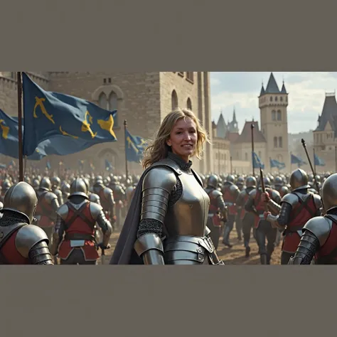 Wide shot, The image shows Joan of Arc with medium-length blonde hair in the center of the scene.. Dressed in very light armor. Staring straight into the camera with a small smile. In one hand, He firmly grasps a battle-worn banner, Flag, waving defiantly ...