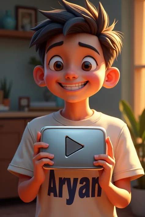 A YouTuber should have a YouTube cliver play button in his hand, Aryan should be written on his shirt, he is very happy, a  boy 