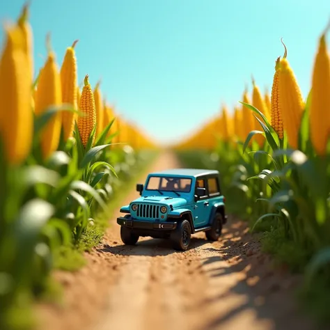 Miniature Photography, capturing texture, Isometric, Isometric plains. a small toy jeep is parked in front of a row of yellow corn. The jeep has a blue roof and black wheels and is positioned in the middle of a dirt road. To the right of the jeep there are...