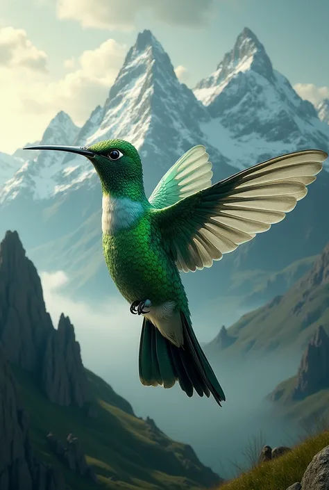 Create a composite image of a Mountain in the feathers of an Emerald Hummingbird
