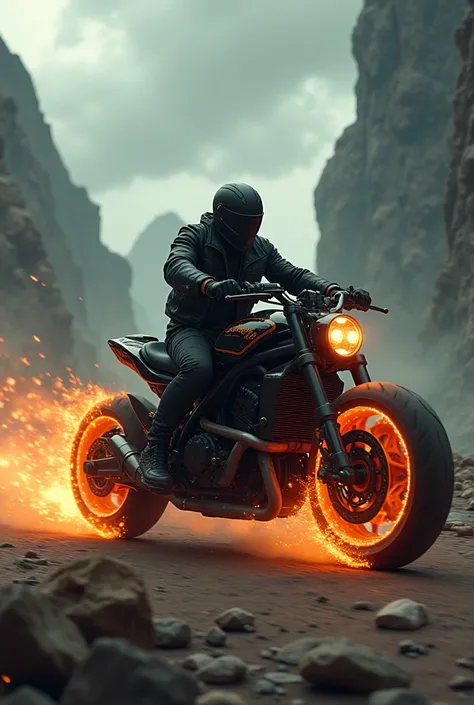 biker with fire tires in a landscape
