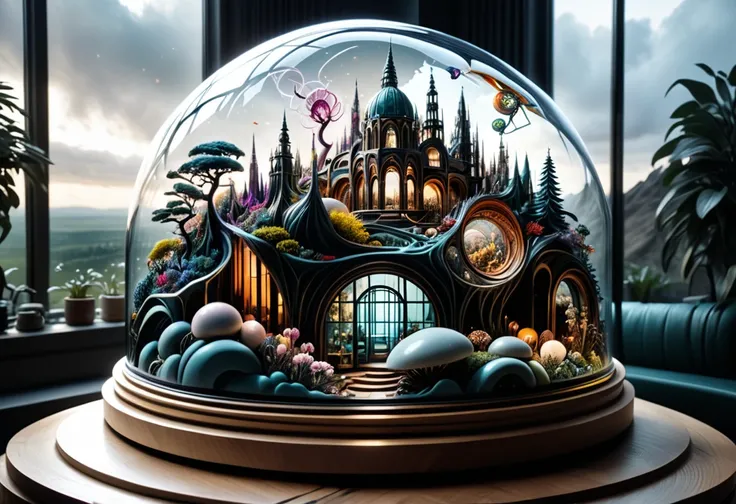 Hyper-maximalist, extremely intricate, chaotic, abstract, bedlam, landscape, in a glass dome