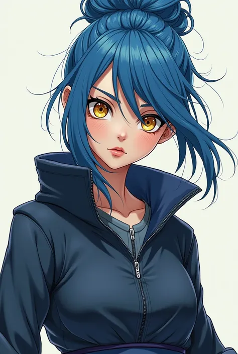 Create an illustration of a blue haired female Naruto character with a messy bun, Mature round face with strong personality, with round yellow eyes, thin with no feminine attributes 