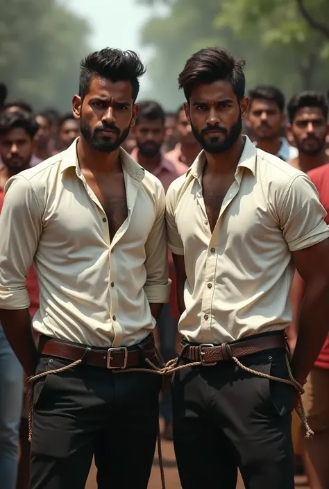 Side view of  two handsome  rowdy looking Young Sri lankan men  wearing long sleev slim fit white shirt with top three buttons unbuttoned black trousers and square buckle black belt standing his hands tied behind their back with a rope by another man.  Peo...