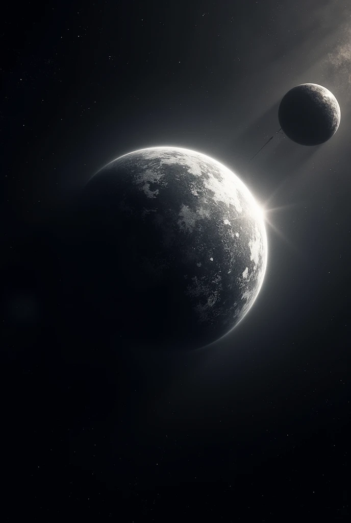 endroit tout noir ressemblant a lespace avec au loin une planète noir et une planète blanche rempli détoile filante