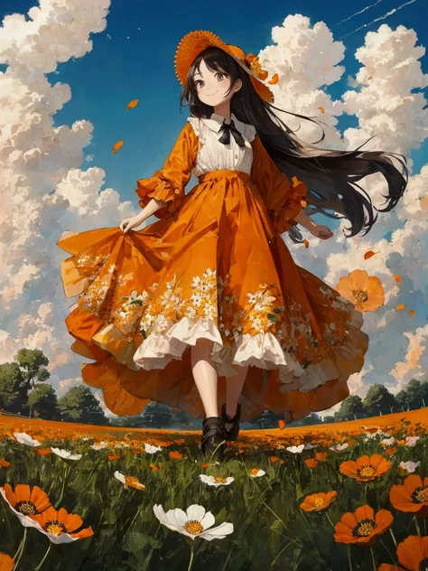 Best quality, Decorative Arts, Field of Cosmos Flowers 
(orange)((The whole field)) long hair woman, (black,) Wear a skirt and a sack dress(orange) Happily walking and admiring the beauty of the flower fields., With a smiling face and bright eyes, The back...