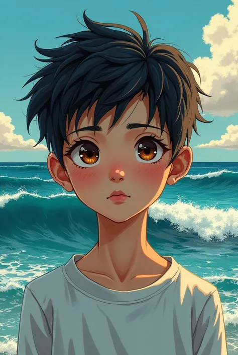 Adolescents brun au yeux maron avec un arriere plan dun ocean manga tout seul