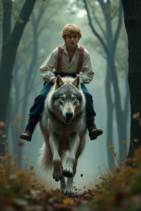 A young man in simple Russian peasant clothes ( white shirt with embroidered red appliques, dark blue trousers, boots on feet), with hair, bright as sunlight, and with eyes, bright as green rays, sits on the back of a mighty wolf, which rushes along the gl...