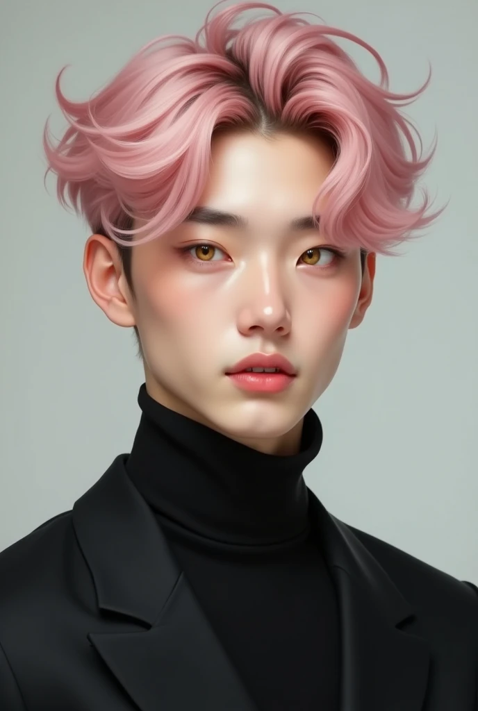 Portrait of an Asian boy with golden eyes and pastel pink hair, attractive face , wear black