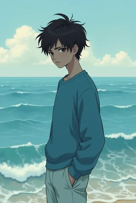 Adolescents brun au yeux maron avec un arriere plan dun ocean manga tout seul avec un pull bleu et un pantalon blanc