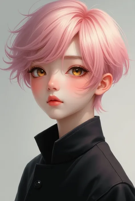 Portrait of an Asian boy with golden eyes and pastel pink hair, attractive face , wear black