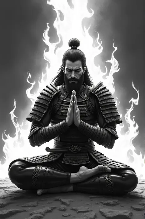 make a black and white illustration of a samurai with armor suit and helmet with flames on him in a yoga position with praying hand gesture