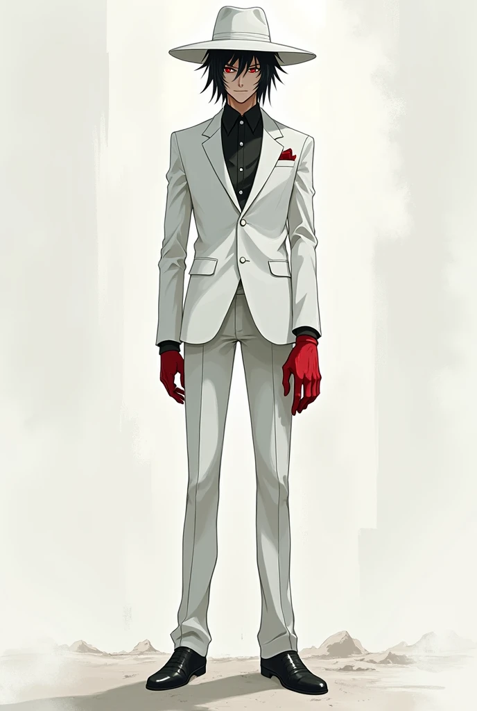 Create a tall man with black hair, an anime style drawing drawn, wearing a white suit and hat, dull red eyes with a glove on his right hand