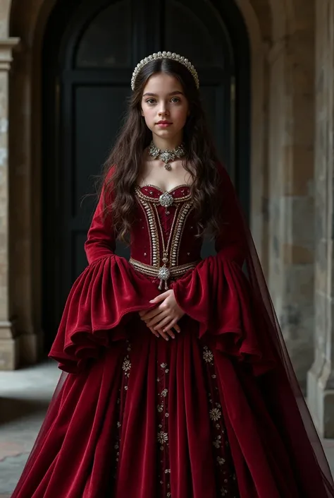 full body image of a young girl, 1 in a long darkred detailed voluminous princessdress with pearls and many layers. wide sleeves. strawberry lip, dimples, resolute expression, (dark brown hair wavy), ((detailed face)), ((detailed facial features)), (fine d...