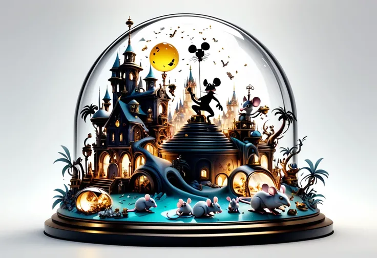 Hyper-maximalist, extremely intricate, chaotic, abstract, bedlam, landscape with treasure chests and some  mice on top a glass dome. 3D animated Disney inspired.. White background.