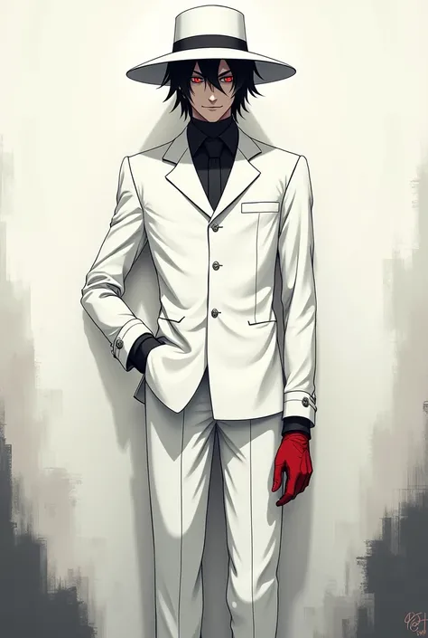 Create a tall man with black hair, an anime style drawing drawn, wearing a white suit and hat, dull red eyes with a glove on his right hand