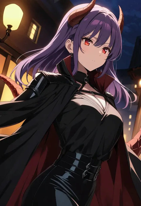 an anime-style female character with the characteristics; medium dark purple hair, 2, she must have a dragon&#39;s tail and horns, reddish scales on the shoulders and arms, scarlet red eyes, Black leather clothes, in a nighttime setting 