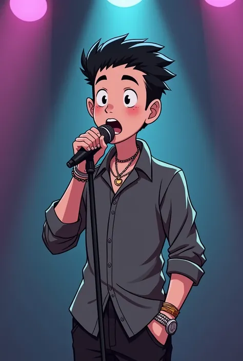 Boy with short black hair with a quiff who is thin with a microphone in his hand, He is a rock singer, the shirt is long-sleeved, gray and has a necklace and a small chain around his neck., that has bracelets on the wrists of the hand and rings on his fing...