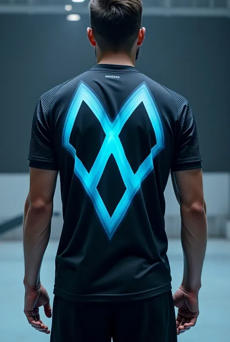 A shirt with some black diamonds with a blue light coming from behind, very futuristic, team shirt
