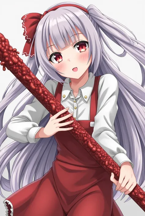 18+ Doujin Anime Girl+ Holding a dildo, a large rod with what looks like blood vessels.