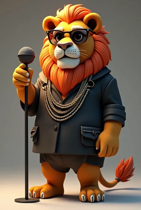 A drawing of a lion with glasses Juliette flamengo blouse chain around his neck standing holding a microphone, 3d