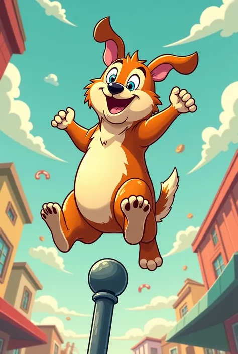 Create an animated cartoon-style illustration of a dog dancing on a pole