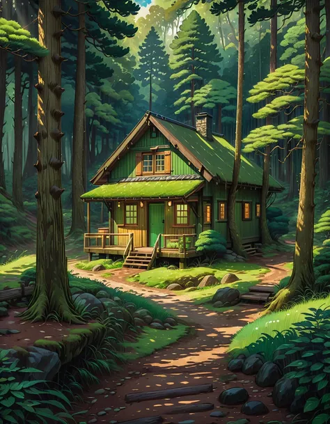 front view, a green wooden cabin, in the woods, forest, pine trees, shade, sunlight coming in from canopy of trees, earthy tones, muddy path, stone, green ling grass, lofi, vibrant tones, no one, moody weather, like a movie scene, ghibli style, cinematic t...