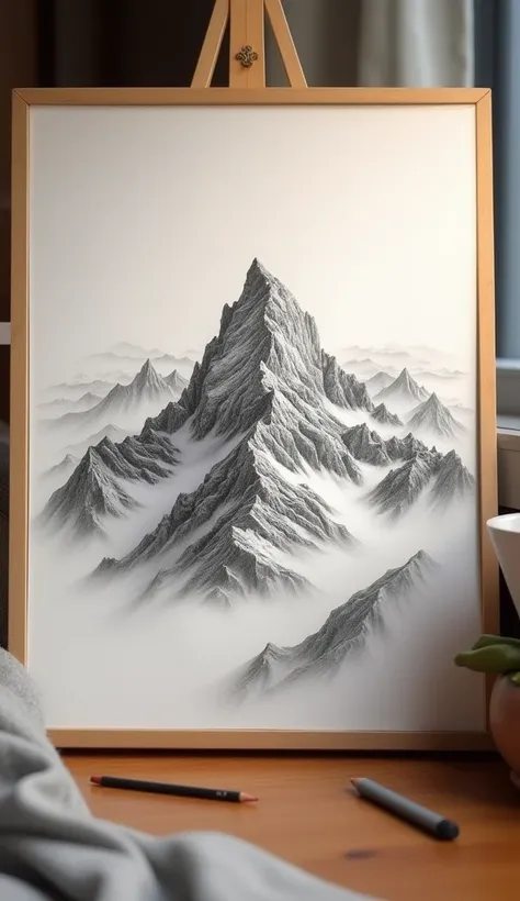 A small pencil painting of a beautiful mountain was located in a room.