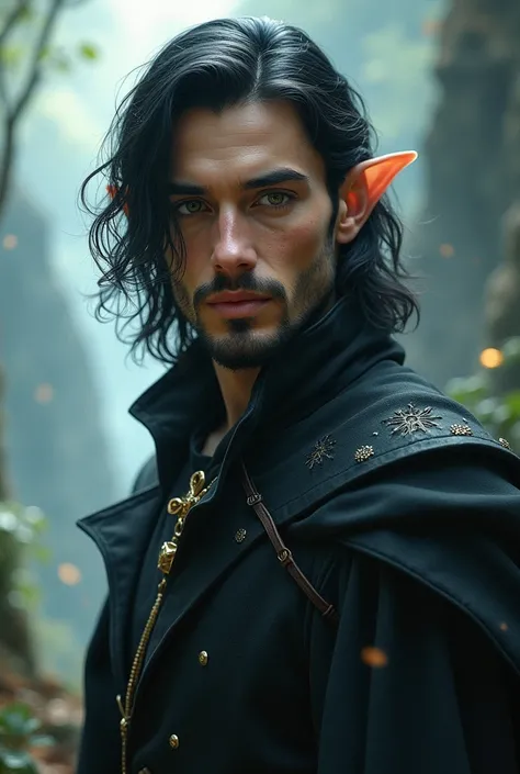 A handsome young elf man with shoulder-length black hair, black eyes, and a bit of a beard.