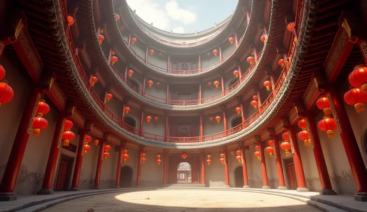 Interior of a round traditional Chinese earth building,，(((7 floors high))),, Decorated with red lanterns and intricately designed wooden railings,The courtyard below was deserted., But it gives people a sense of scale and vitality
