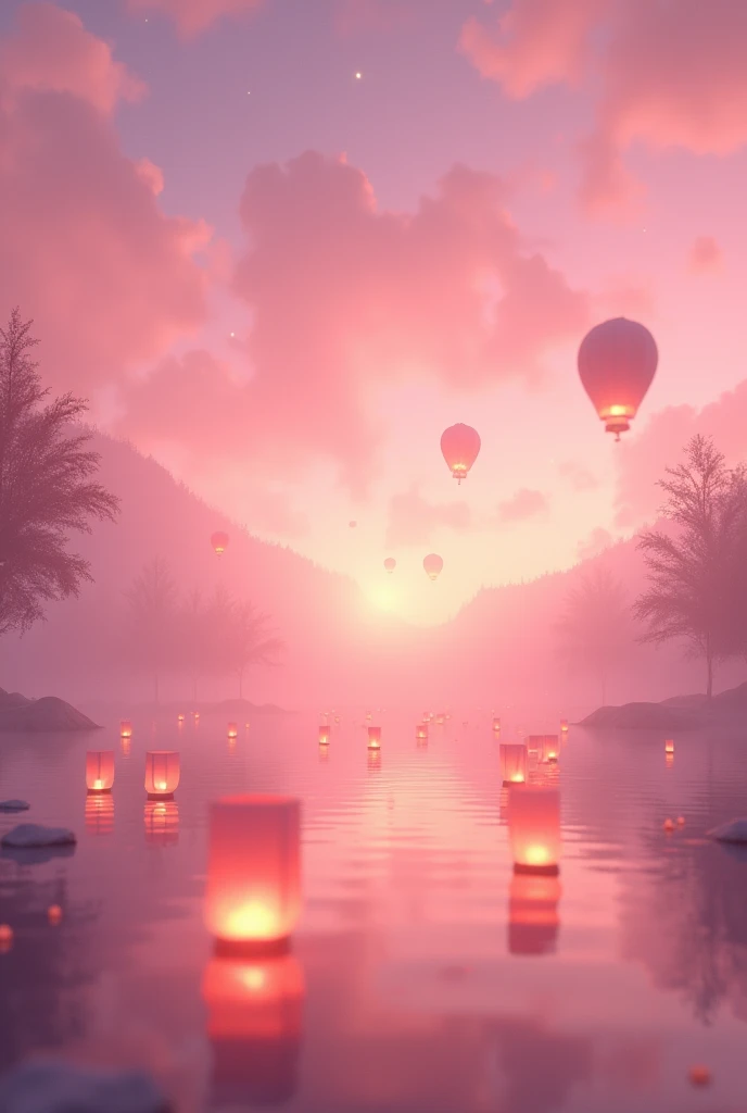 Numerous lanterns floating over lake, pink sky, sunset, stars glowing faintly, magical light, 4K, cinematic, fantasy, magic, mystery, gentle breeze, magical light, slow motion, lanterns rising slowly into the sky with a pale light, pink hue, pale, fantasti...