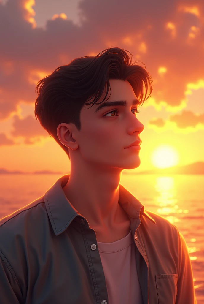 create a image of a 18 year boy with sunset in background