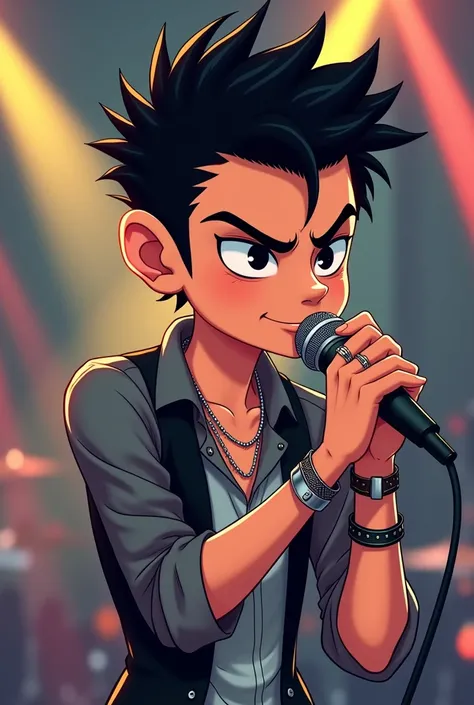 Boy with short black hair with a pointed quiff who is thin with a microphone in his hand, He is a rock singer, the shirt is long-sleeved, gray and has a necklace and a small chain around his neck., that has bracelets on the wrists of the hand and rings on ...