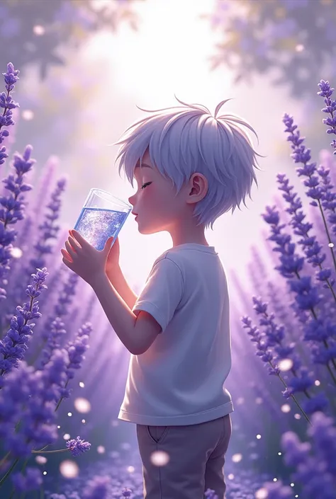 A boy with silver hair is drinking water, Surrounded by a lavender garden 