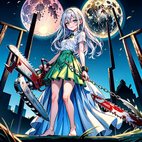 (masterpiece, best quality, ultra resolution, ultra detailed), 1 lady, silver wavy hair, light blue eyes, small breasts, white blouse, long skirt, spring-green skirt,  (holding chainsaw with right hand, blood from chainsaw, left arm behind head:1.1), stand...