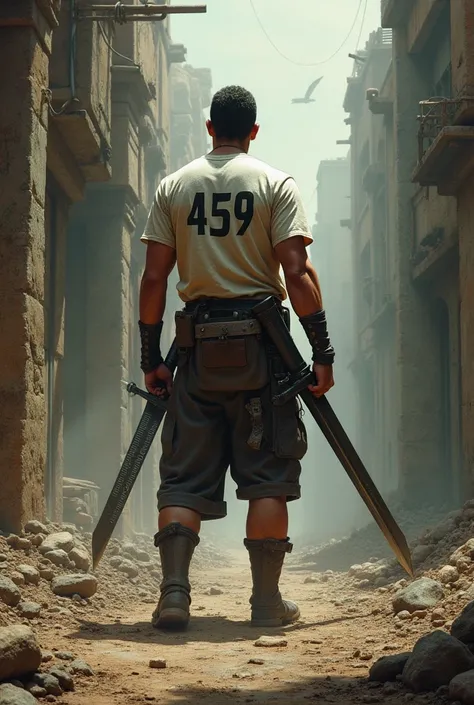 Background with warriors , Rear view of a warrior wearing a shirt with MR 459 written on it and holding a large sword