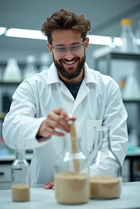 The image shows a young man with a beard and dressed in white personal protective equipment., in a laboratory with white flasks and supplies, The image looks good with good lighting, The young man has two jars of sand on a table., Next to it a jar with san...