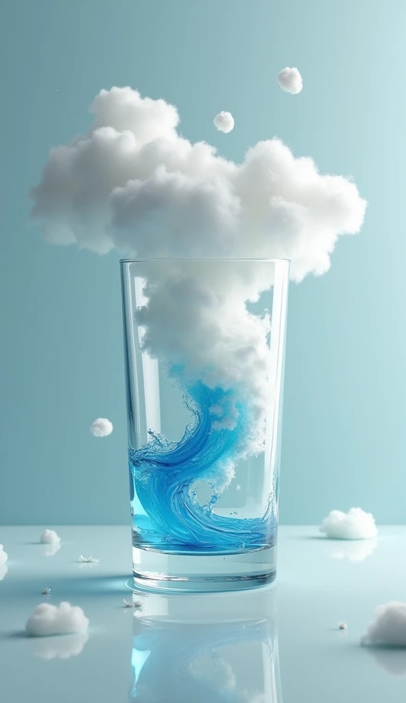 A cloud gets sucked into an empty glass, turning into a wave in the glass.