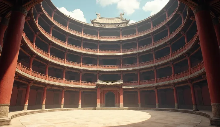 Interior of a round traditional Chinese earth building,，(((7 floors high))),, Decorative and designed wooden railings,The courtyard below was deserted., But it gives people a sense of scale and vitality
