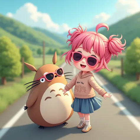 Miniature Photography, Isometric Photography, A cute  with double ponytails and pink hair, wearing pink sunglasses, cool and handsome, riding on a cartoon style Totoro with cute sunglasses. The background is on a rural road. Her hair stood up in the wind. ...